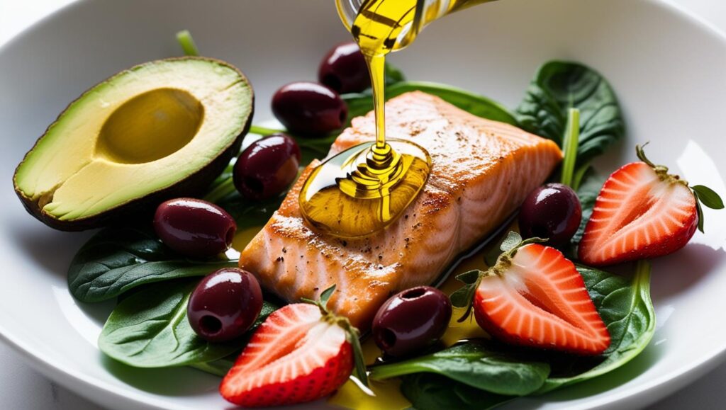 I primi 7 giorni di dieta chetogenica piatto con salmone, avocado, olive nere, spinaci e fragole condito con olio di oliva